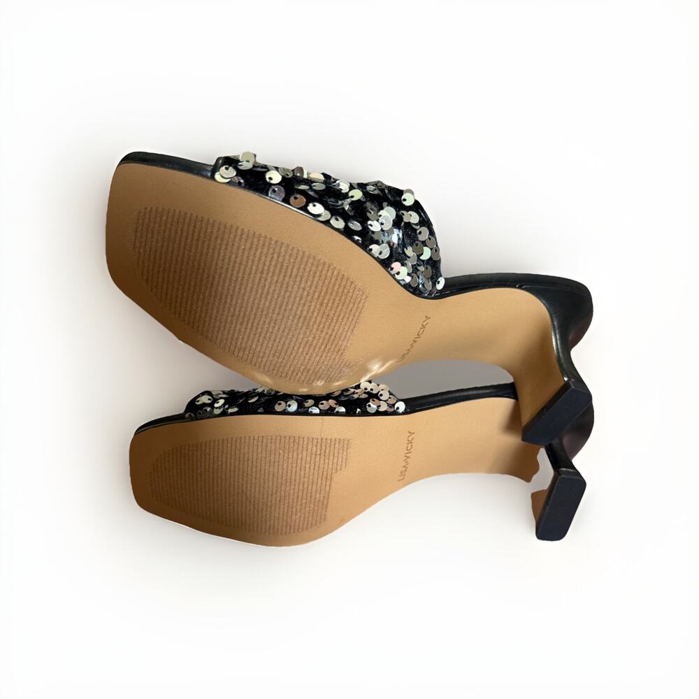 Lisa Vicky Pretty-V Black Slide Sandal Platinum Black Sequins Size 7 Heels - Picture 8 of 9